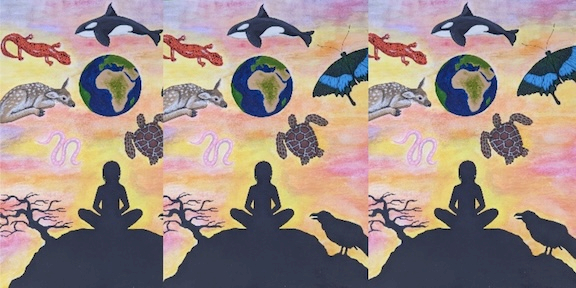 Orcas, sea turtles, deer, planet earth, raven, and a human sitting on a hill.